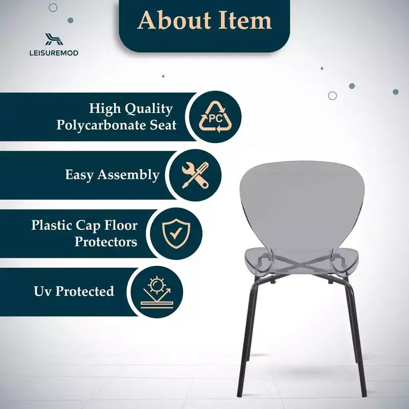 LeisureMod Oyster Chaises de salle à manger transparentes (lot de 2) - Empilables, dossier incurvé, avec pieds en acier inoxydable noir pour cuisine ou salle à manger