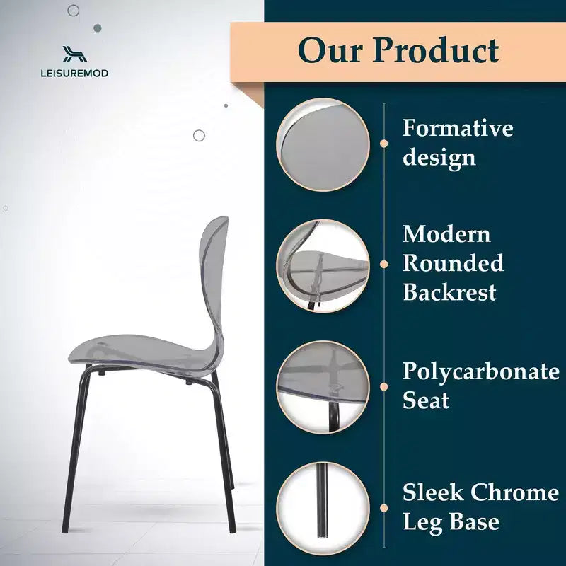 LeisureMod Oyster Chaises de salle à manger transparentes (lot de 2) - Empilables, dossier incurvé, avec pieds en acier inoxydable noir pour cuisine ou salle à manger