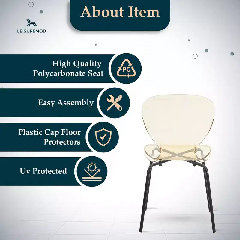 LeisureMod Oyster Chaises de salle à manger transparentes (lot de 2) - Empilables, dossier incurvé, avec pieds en acier inoxydable noir pour cuisine ou salle à manger