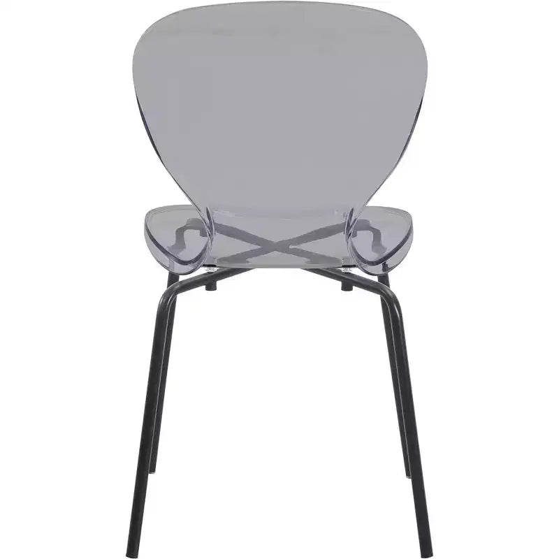 LeisureMod Oyster Chaises de salle à manger transparentes (lot de 2) - Empilables, dossier incurvé, avec pieds en acier inoxydable noir pour cuisine ou salle à manger