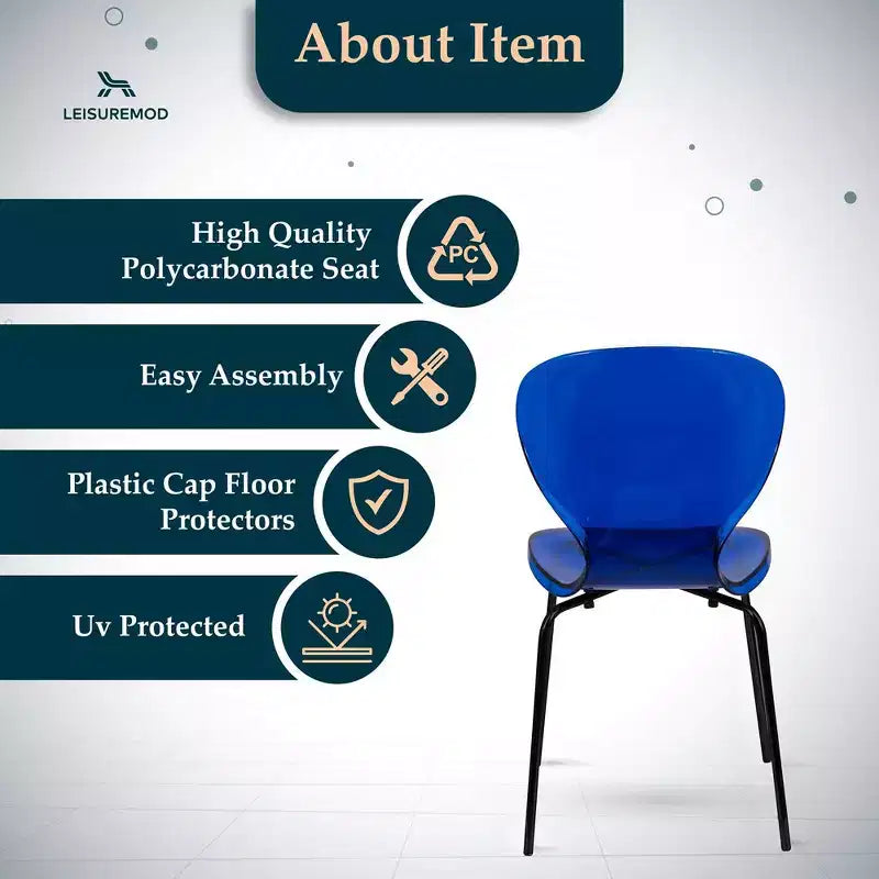 LeisureMod Oyster Chaises de salle à manger transparentes (lot de 2) - Empilables, dossier incurvé, avec pieds en acier inoxydable noir pour cuisine ou salle à manger