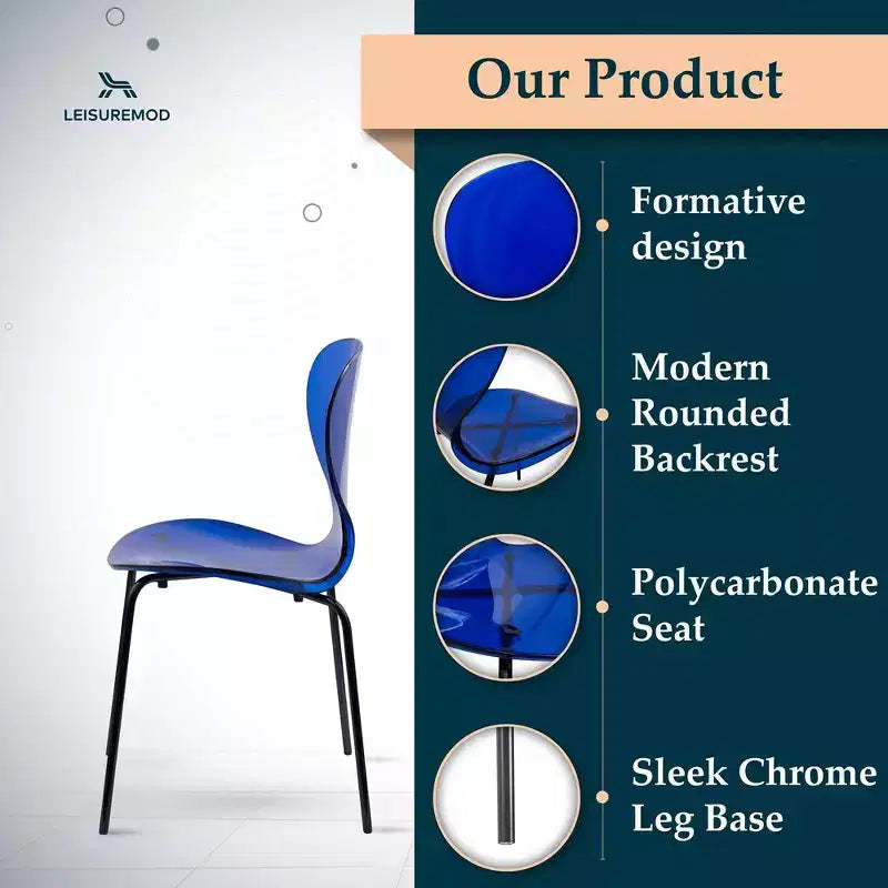 LeisureMod Oyster Chaises de salle à manger transparentes (lot de 2) - Empilables, dossier incurvé, avec pieds en acier inoxydable noir pour cuisine ou salle à manger