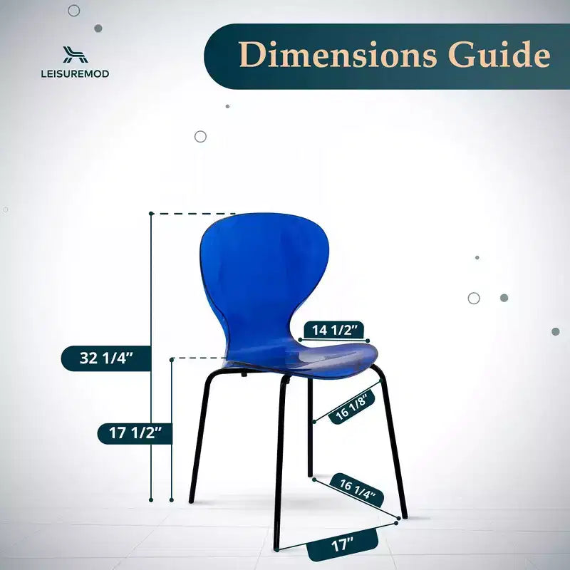 LeisureMod Oyster Chaises de salle à manger transparentes (lot de 2) - Empilables, dossier incurvé, avec pieds en acier inoxydable noir pour cuisine ou salle à manger