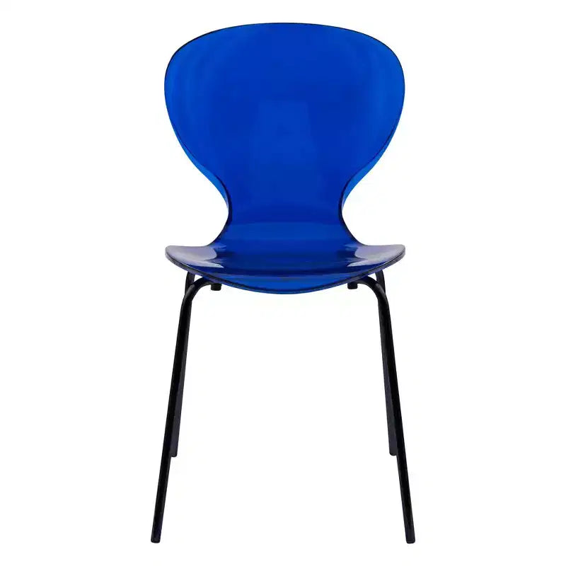 LeisureMod Oyster Chaises de salle à manger transparentes (lot de 2) - Empilables, dossier incurvé, avec pieds en acier inoxydable noir pour cuisine ou salle à manger