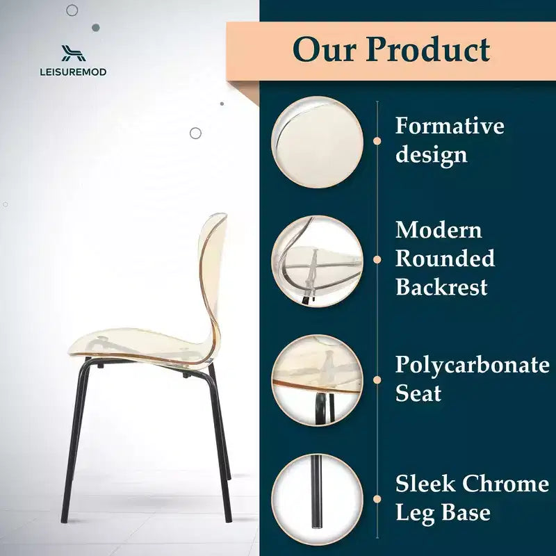 LeisureMod Oyster Chaises de salle à manger transparentes (lot de 2) - Empilables, dossier incurvé, avec pieds en acier inoxydable noir pour cuisine ou salle à manger