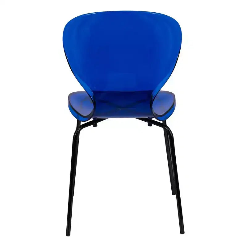 LeisureMod Oyster Chaises de salle à manger transparentes (lot de 2) - Empilables, dossier incurvé, avec pieds en acier inoxydable noir pour cuisine ou salle à manger
