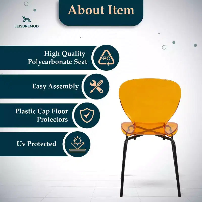 LeisureMod Oyster Chaises de salle à manger transparentes (lot de 2) - Empilables, dossier incurvé, avec pieds en acier inoxydable noir pour cuisine ou salle à manger