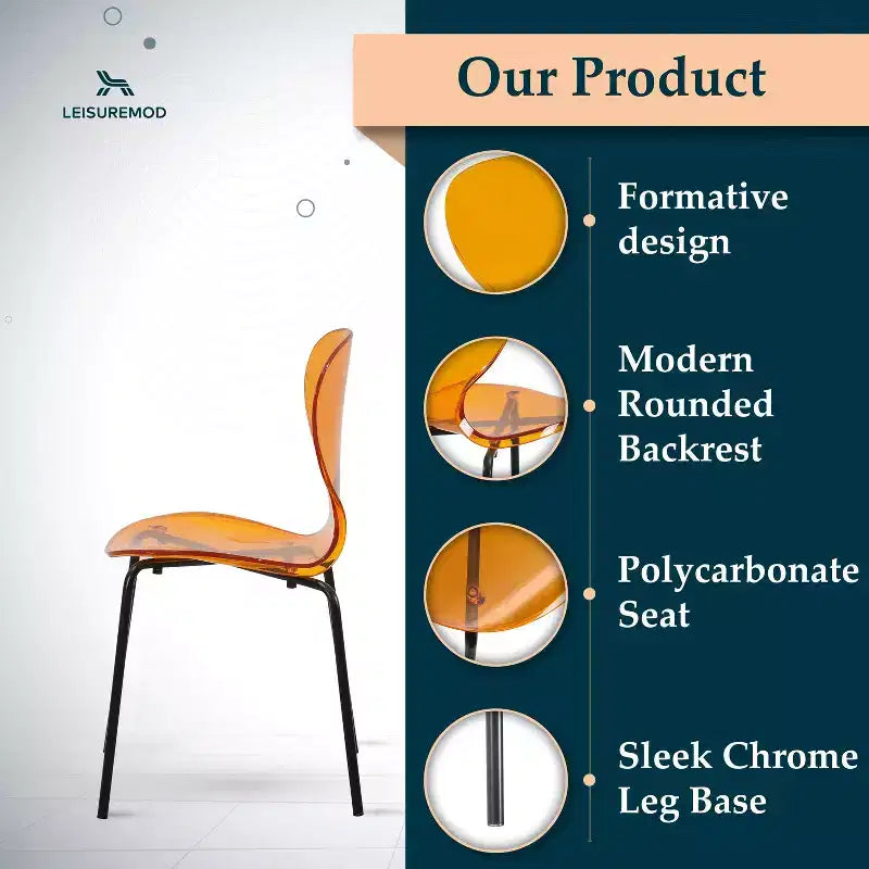 LeisureMod Oyster Chaises de salle à manger transparentes (lot de 2) - Empilables, dossier incurvé, avec pieds en acier inoxydable noir pour cuisine ou salle à manger
