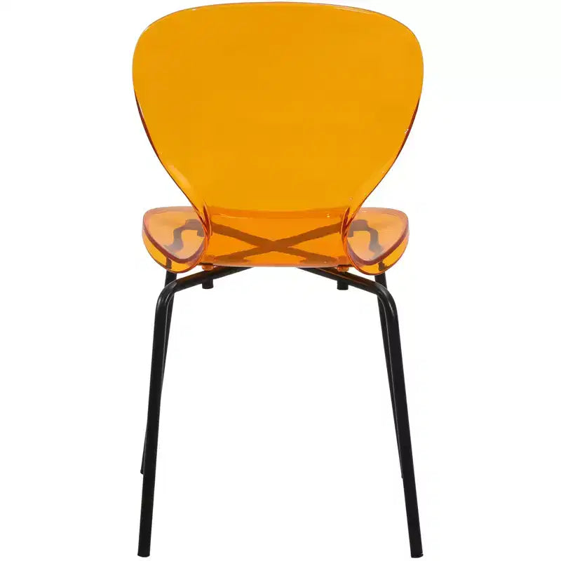 LeisureMod Oyster Chaises de salle à manger transparentes (lot de 2) - Empilables, dossier incurvé, avec pieds en acier inoxydable noir pour cuisine ou salle à manger