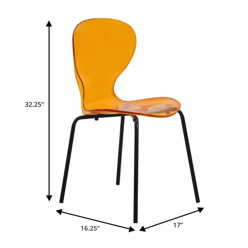 LeisureMod Oyster Chaises de salle à manger transparentes (lot de 2) - Empilables, dossier incurvé, avec pieds en acier inoxydable noir pour cuisine ou salle à manger