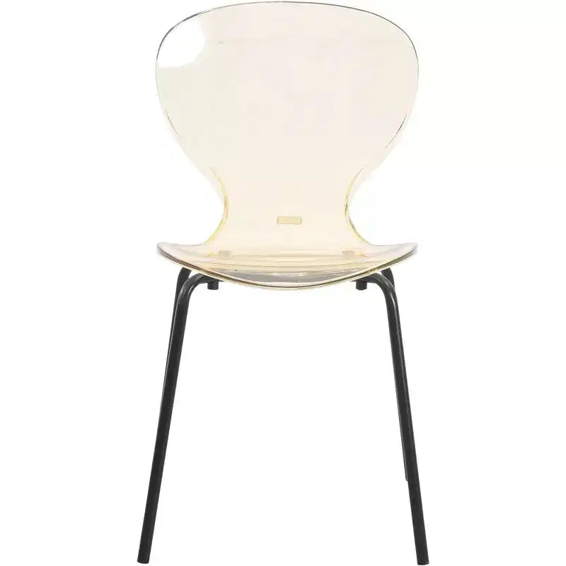 LeisureMod Oyster Chaises de salle à manger transparentes (lot de 2) - Empilables, dossier incurvé, avec pieds en acier inoxydable noir pour cuisine ou salle à manger