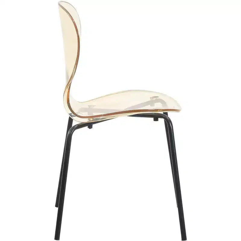 LeisureMod Oyster Chaises de salle à manger transparentes (lot de 2) - Empilables, dossier incurvé, avec pieds en acier inoxydable noir pour cuisine ou salle à manger