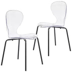 LeisureMod Oyster Chaises de salle à manger transparentes (lot de 2) - Empilables, dossier incurvé, avec pieds en acier inoxydable noir pour cuisine ou salle à manger