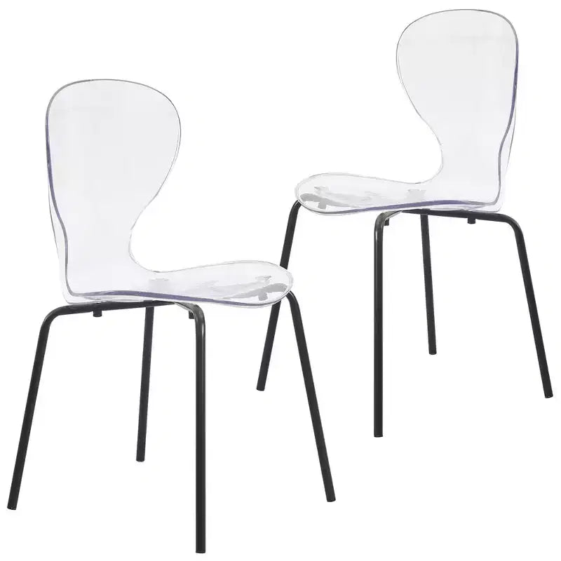 LeisureMod Oyster Chaises de salle à manger transparentes (lot de 2) - Empilables, dossier incurvé, avec pieds en acier inoxydable noir pour cuisine ou salle à manger