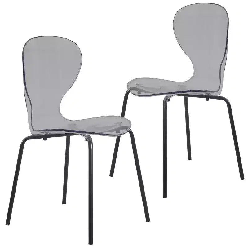 LeisureMod Oyster Chaises de salle à manger transparentes (lot de 2) - Empilables, dossier incurvé, avec pieds en acier inoxydable noir pour cuisine ou salle à manger