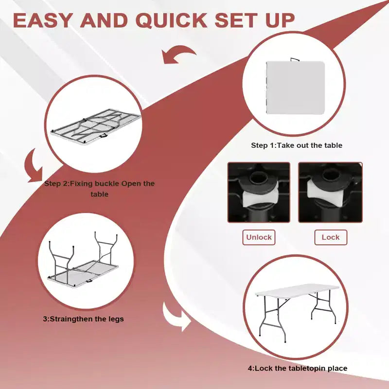 Table pliante 5 pieds portable en plastique PEHD, table rectangulaire intérieure/extérieure avec pieds en acier blanc