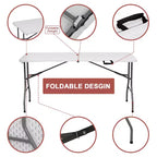 Table pliante 5 pieds portable en plastique PEHD, table rectangulaire intérieure/extérieure avec pieds en acier blanc