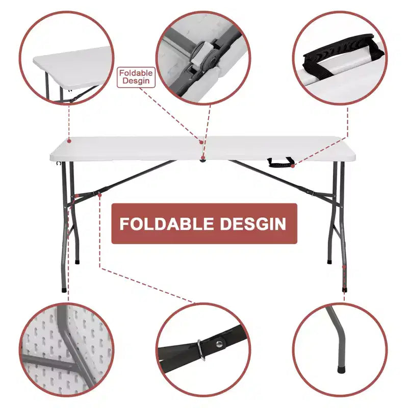 Table pliante 5 pieds portable en plastique PEHD, table rectangulaire intérieure/extérieure avec pieds en acier blanc