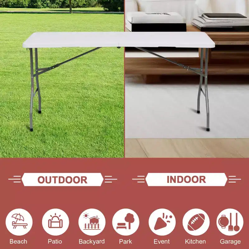 Table pliante 5 pieds portable en plastique PEHD, table rectangulaire intérieure/extérieure avec pieds en acier blanc