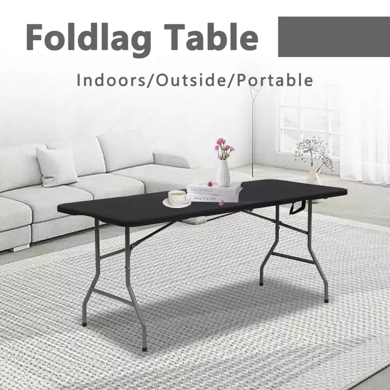 Table pliante rectangulaire noire de 1,80 m en plastique HDPE, pour intérieur et extérieur, avec pieds en acier