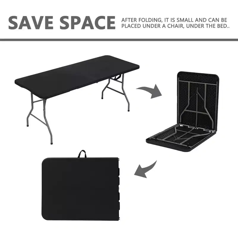 Table pliante rectangulaire noire de 1,80 m en plastique HDPE, pour intérieur et extérieur, avec pieds en acier