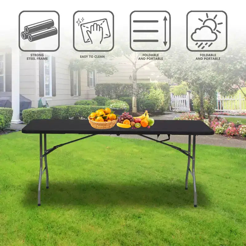 Table pliante rectangulaire noire de 1,80 m en plastique HDPE, pour intérieur et extérieur, avec pieds en acier