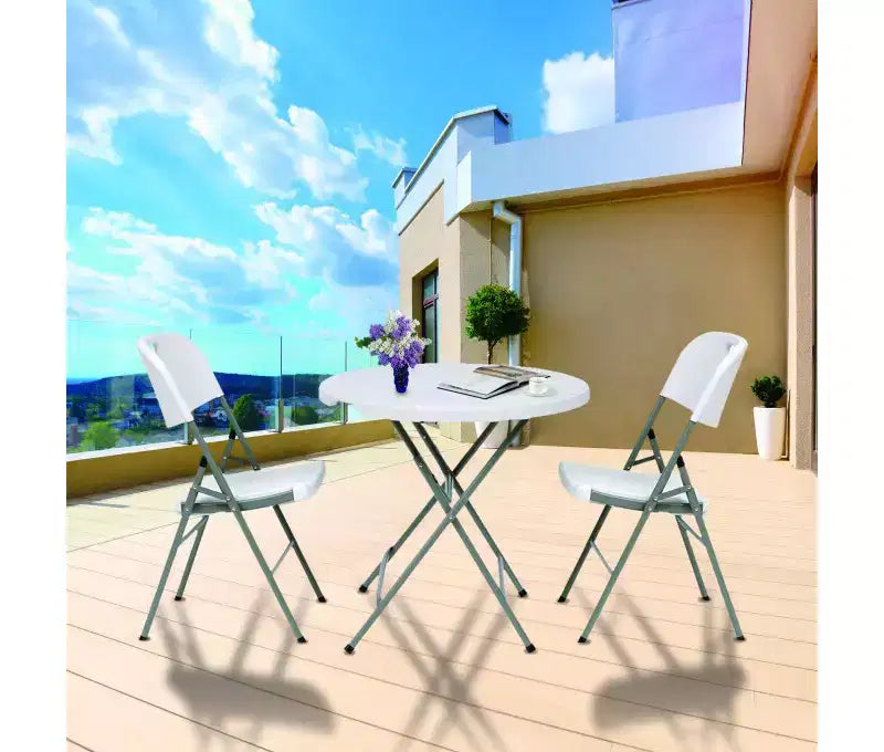 Table ronde pliante 32 pouces en plastique HDPE portable pour l'intérieur et l'extérieur avec pieds en acier blanc