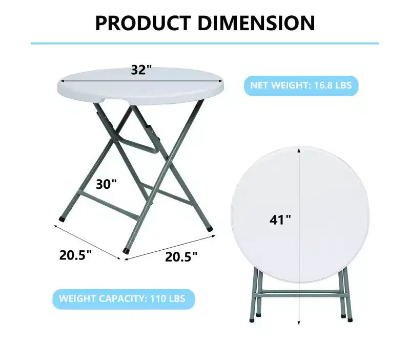 Table ronde pliante 32 pouces en plastique HDPE portable pour l'intérieur et l'extérieur avec pieds en acier blanc