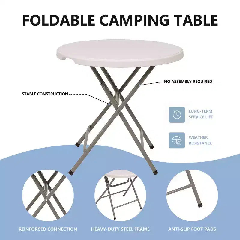 Table ronde pliante 32 pouces en plastique HDPE portable pour l'intérieur et l'extérieur avec pieds en acier blanc