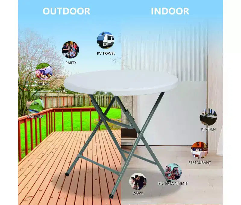 Table ronde pliante 32 pouces en plastique HDPE portable pour l'intérieur et l'extérieur avec pieds en acier blanc