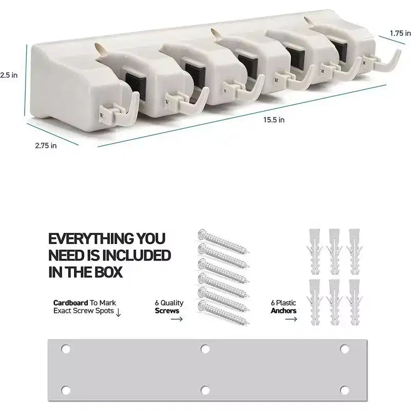 Support mural pour balais et serpillières, lot de 1 ou 2 - Système de rangement pour garage - Organisateur d'outils de jardin avec 5 fentes, 6 crochets, capacité de 3,4 kg par fente - Homeitusa