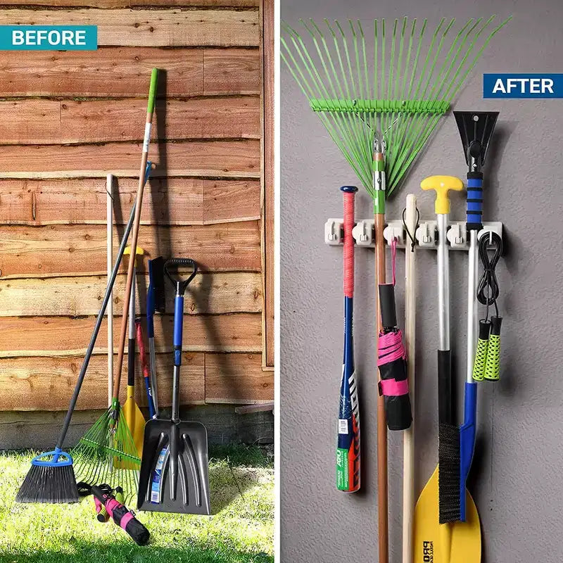 Support mural pour balais et serpillières, lot de 1 ou 2 - Système de rangement pour garage - Organisateur d'outils de jardin avec 5 fentes, 6 crochets, capacité de 3,4 kg par fente - Homeitusa