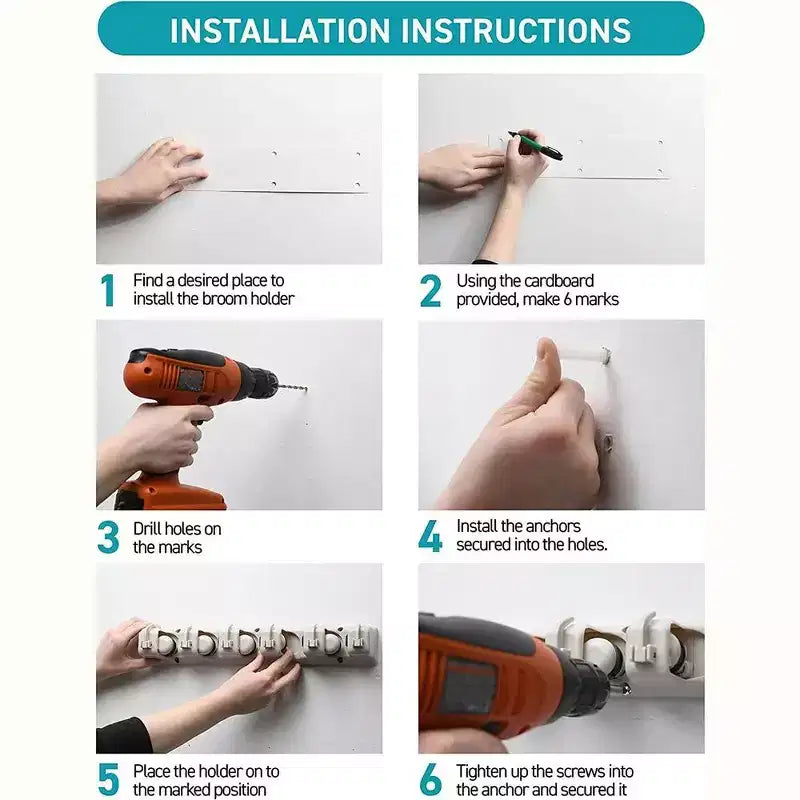 Support mural pour balais et serpillières, lot de 1 ou 2 - Système de rangement pour garage - Organisateur d'outils de jardin avec 5 fentes, 6 crochets, capacité de 3,4 kg par fente - Homeitusa