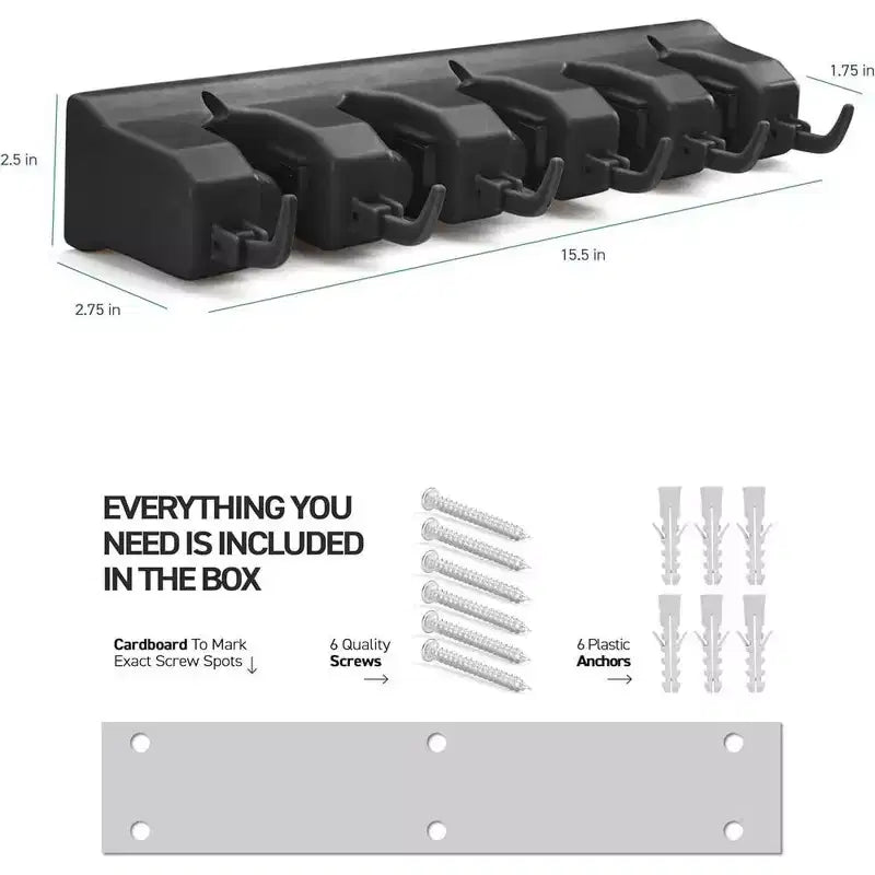 Support mural pour balais et serpillières, lot de 1 ou 2 - Système de rangement pour garage - Organisateur d'outils de jardin avec 5 fentes, 6 crochets, capacité de 3,4 kg par fente - Homeitusa