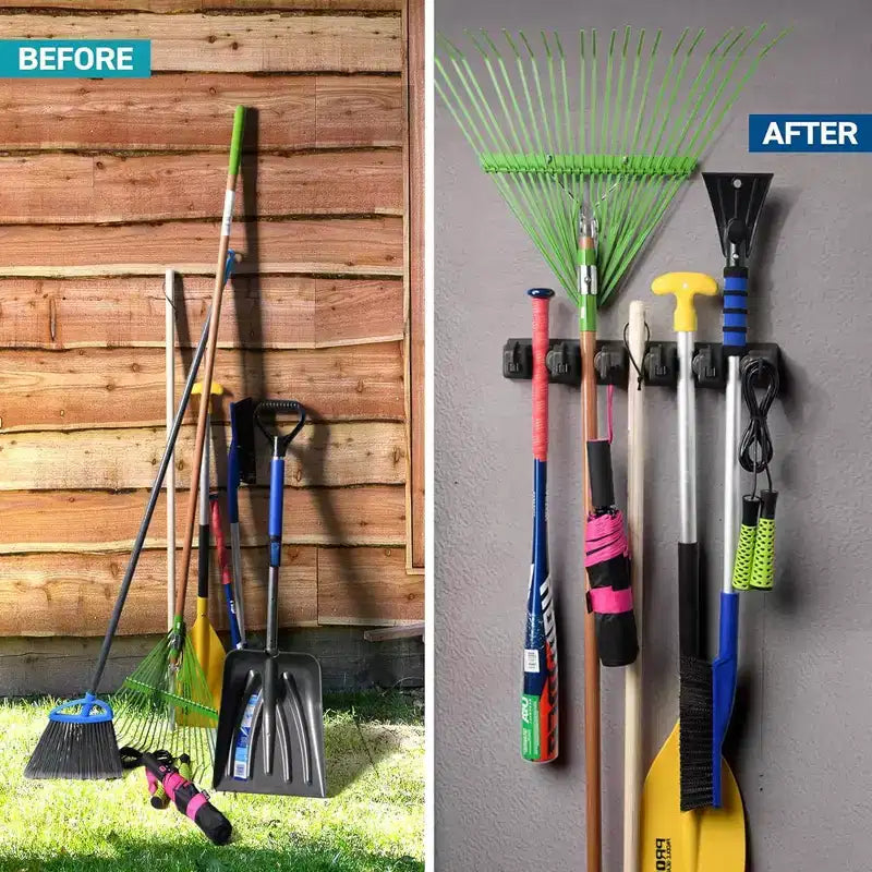 Support mural pour balais et serpillières, lot de 1 ou 2 - Système de rangement pour garage - Organisateur d'outils de jardin avec 5 fentes, 6 crochets, capacité de 3,4 kg par fente - Homeitusa