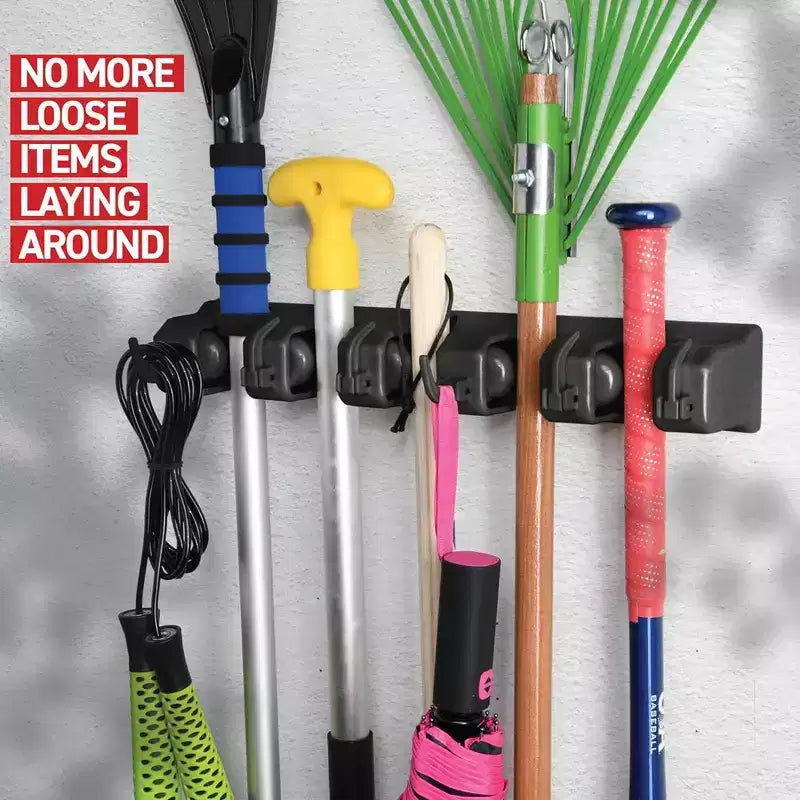 Support mural pour balais et serpillières, lot de 1 ou 2 - Système de rangement pour garage - Organisateur d'outils de jardin avec 5 fentes, 6 crochets, capacité de 3,4 kg par fente - Homeitusa