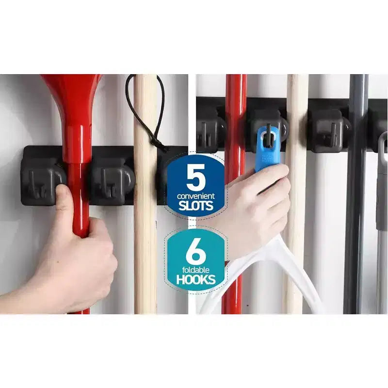 Support mural pour balais et serpillières, lot de 1 ou 2 - Système de rangement pour garage - Organisateur d'outils de jardin avec 5 fentes, 6 crochets, capacité de 3,4 kg par fente - Homeitusa