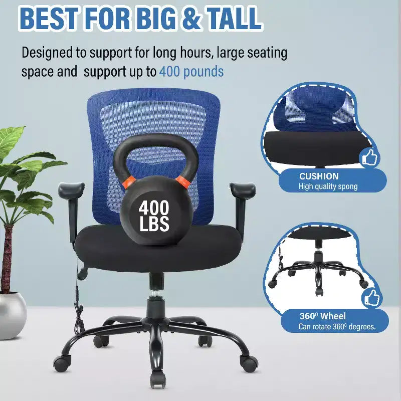 Chaise de bureau FDW grande taille avec support lombaire réglable, capacité de 180 kg et fonction de massage pour adultes