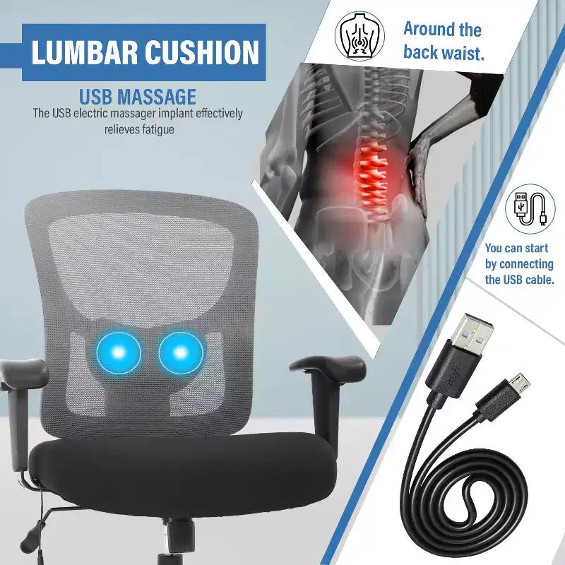 Chaise de bureau FDW grande taille avec support lombaire réglable, capacité de 180 kg et fonction de massage pour adultes