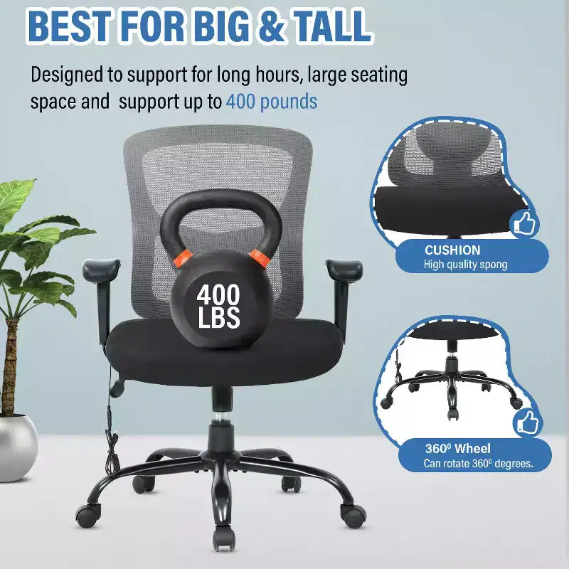Chaise de bureau FDW grande taille avec support lombaire réglable, capacité de 180 kg et fonction de massage pour adultes