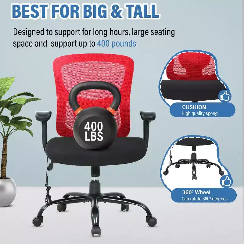 Chaise de bureau FDW grande taille avec support lombaire réglable, capacité de 180 kg et fonction de massage pour adultes