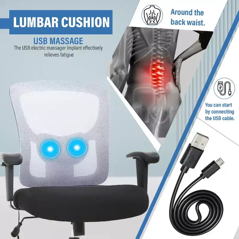 Chaise de bureau FDW grande taille avec support lombaire réglable, capacité de 180 kg et fonction de massage pour adultes