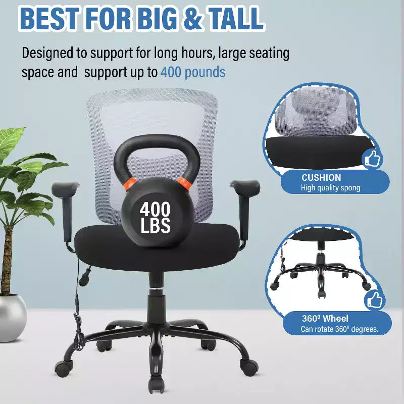 Chaise de bureau FDW grande taille avec support lombaire réglable, capacité de 180 kg et fonction de massage pour adultes