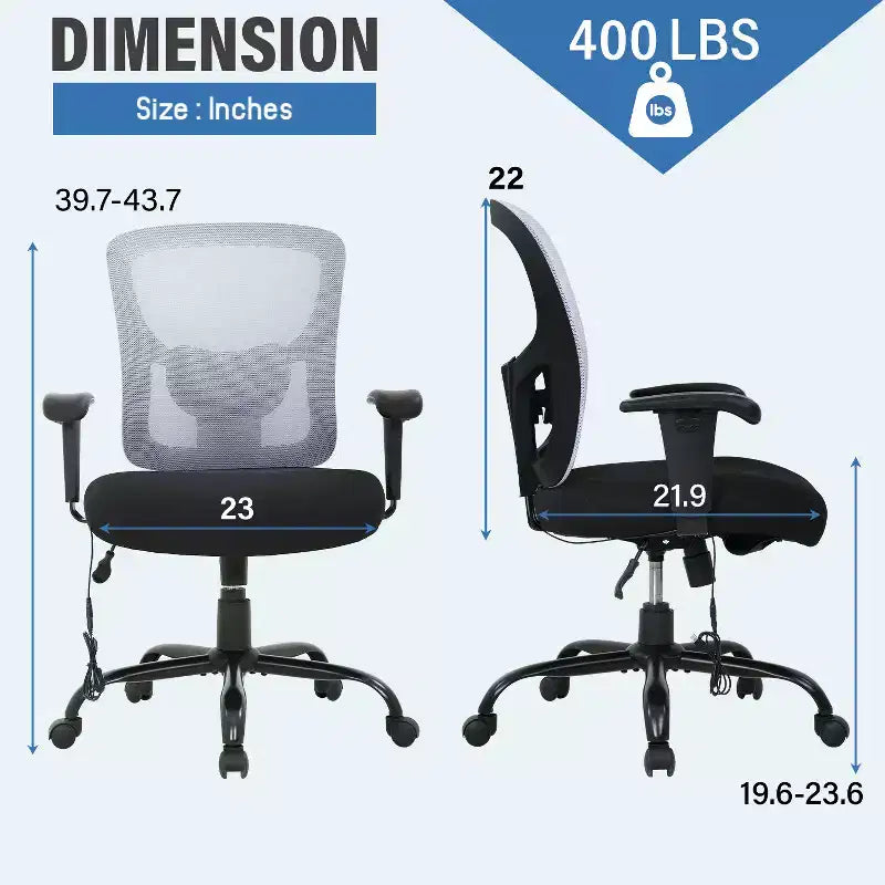 Chaise de bureau FDW grande taille avec support lombaire réglable, capacité de 180 kg et fonction de massage pour adultes