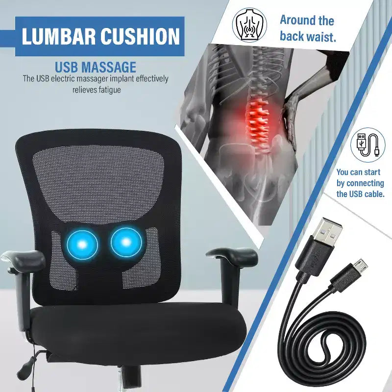 Chaise de bureau FDW grande taille avec support lombaire réglable, capacité de 180 kg et fonction de massage pour adultes