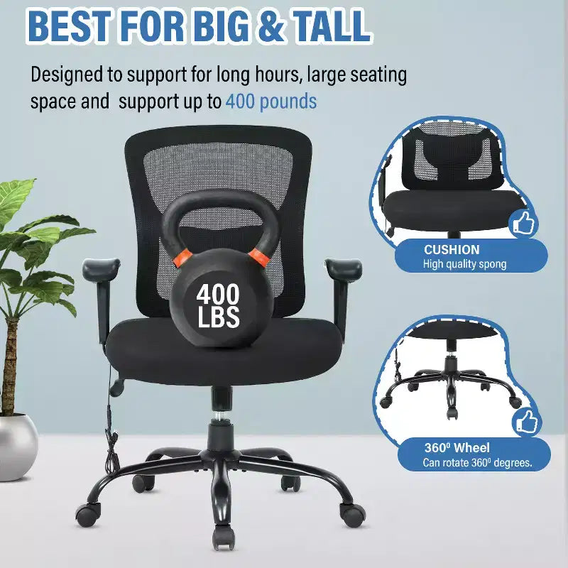Chaise de bureau FDW grande taille avec support lombaire réglable, capacité de 180 kg et fonction de massage pour adultes