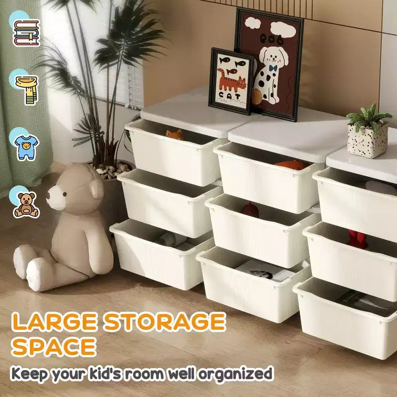 Organisateur de rangement pour jouets à 3 niveaux pour enfants de 75 cm avec 9 tiroirs amovibles, design sécurisé pour les enfants, blanc crème