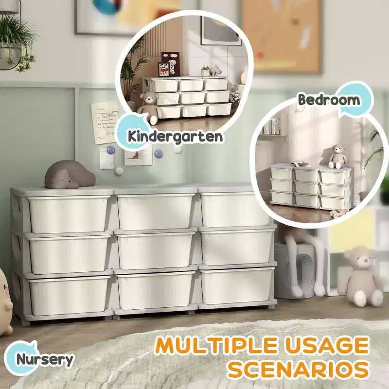Organisateur de rangement pour jouets à 3 niveaux pour enfants de 75 cm avec 9 tiroirs amovibles, design sécurisé pour les enfants, blanc crème