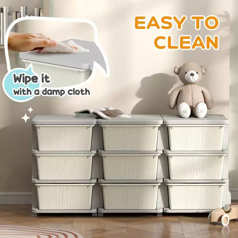 Organisateur de rangement pour jouets à 3 niveaux pour enfants de 75 cm avec 9 tiroirs amovibles, design sécurisé pour les enfants, blanc crème