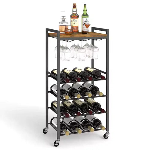 5-Tier Wine Rack Freestanding Bar Cart with Glass Holder and Wheels